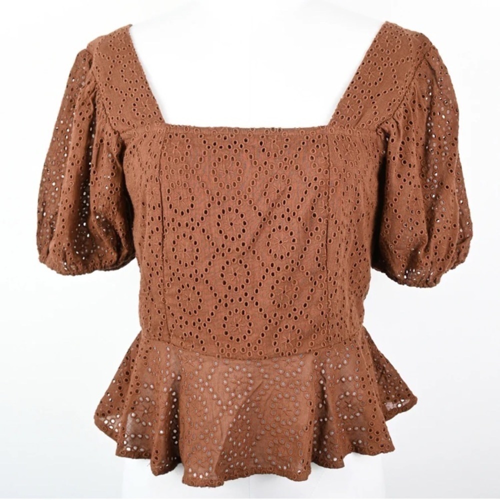 Band of the Free Women Size M Cottagecore Brown Eyelet Babydoll Smocked Tie Back - Picture 3 of 10